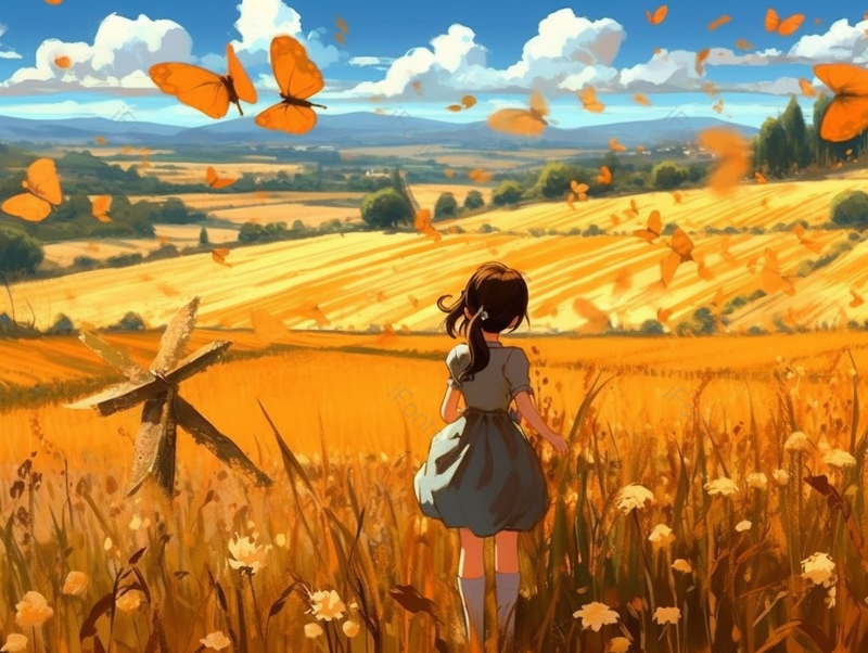 户外田园小女孩花丛追逐蝴蝶芒种节气插画,插画/手绘图,插画/手绘图库,插画/手绘图下载,插画/手绘